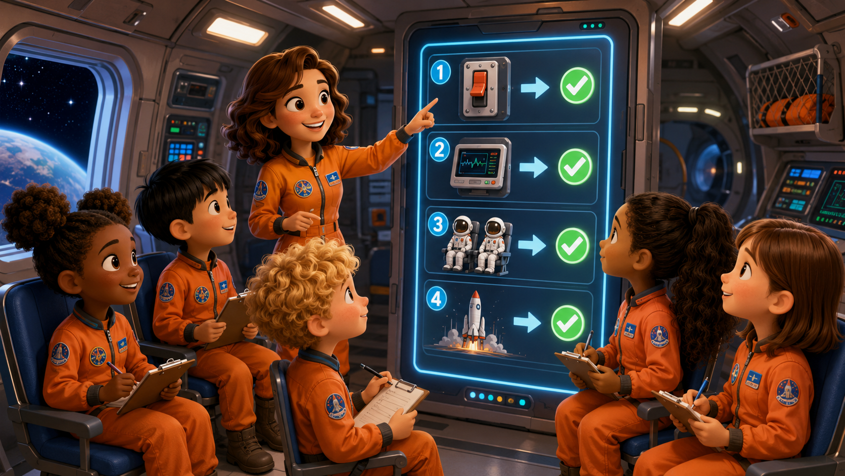CEC Space Camp students learning a mission procedure checklist