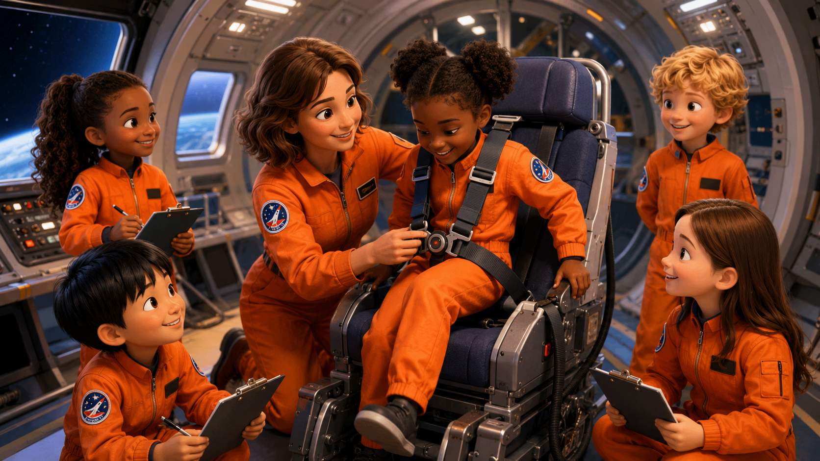 CEC Space Camp students practicing seat ingress and safety harness training