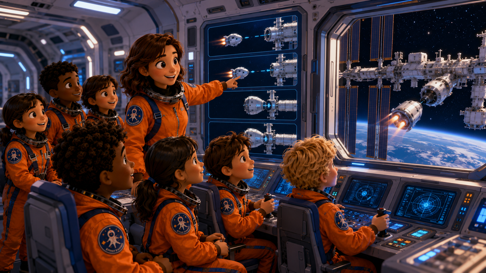 CEC Space Camp students practicing ISS docking training in a spacecraft simulator