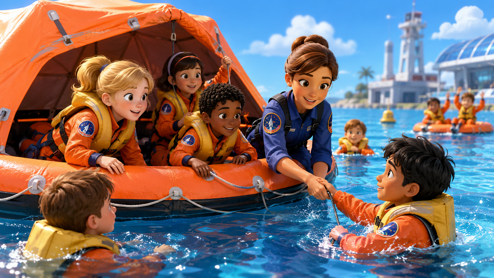 CEC Space Camp students practicing water survival in a training pool