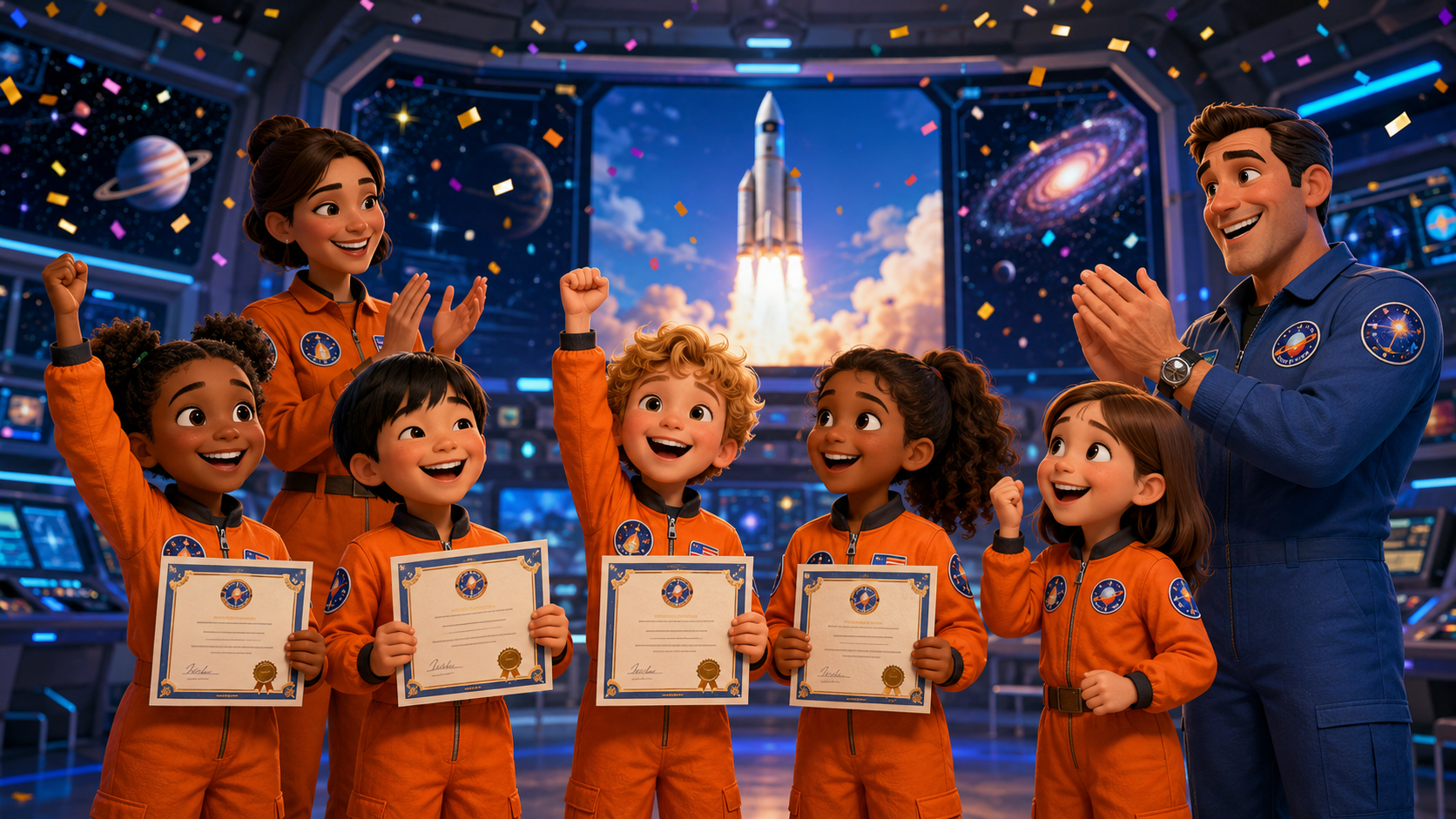 CEC Space Camp students celebrating final mission completion and graduation